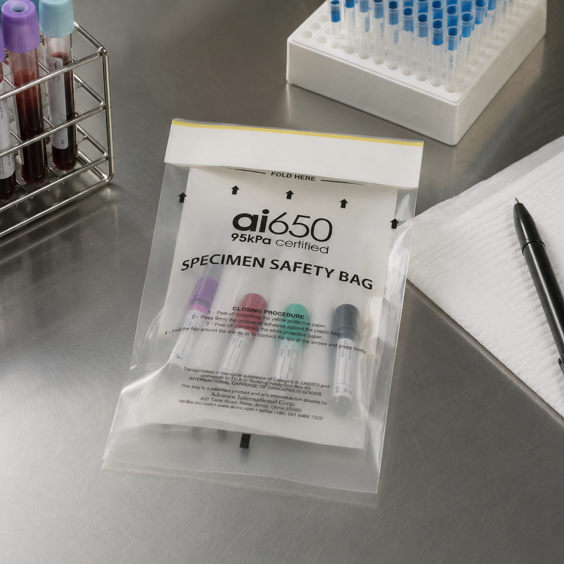 UN3373 Probenbeutel – Auslaufsicherer Transportbeutel für biologische Proben mit saugfähigem Beutel, 95 kPa getestet für Substanzen der Kategorie B