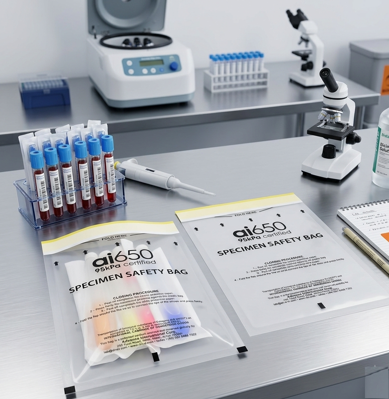 Einweg-Probenbeutel für UN3373-Konformität – auslaufsicherer Polyethylenbeutel mit Dokumententasche und Biogefährdungssymbol